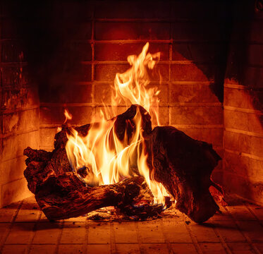 Fireplace burning wood logs. Cozy warm home in winter, Christmas holiday bonfire. Fire flames