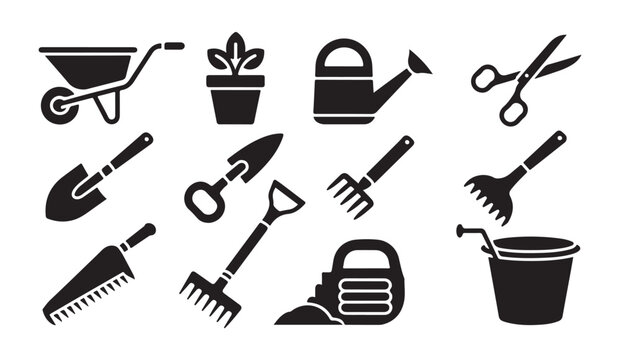 Gardening tools and equipment in silhouette set for planting and cultivation activities.