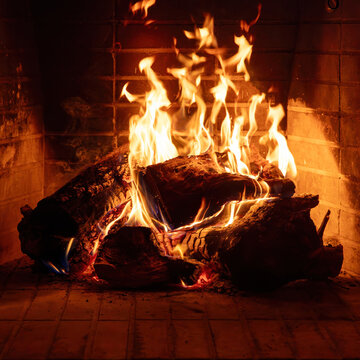 Fireplace burning wood logs. Cozy warm home in winter, Christmas holiday bonfire. Fire flames