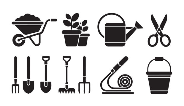 Gardening tools and supplies in silhouette for planting and watering plants.