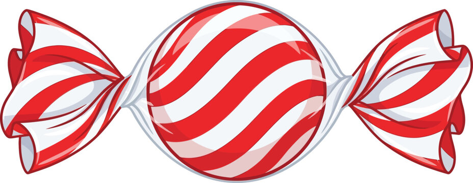 Red and white striped candy, twisted in clear wrapper, isolated on white background, sweet treat confectionery