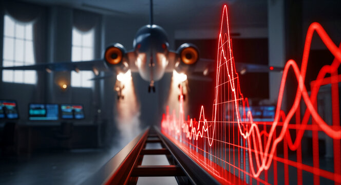 Airplane testing in high-tech hangar with red digital data graph. Research facility monitors showcase advanced aeronautical engineering. Aviation diagnostic concept for aerospace tech marketing.
