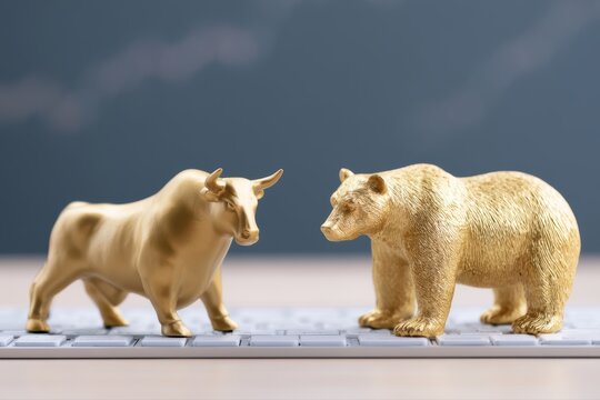 Golden bull and bear statues facing each other on a keyboard with stock charts in the background, investor sentiment and market competition concept