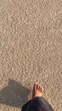 POV Walking on Sandy Beach, Long Shadows, Mindful Slow Living Moment