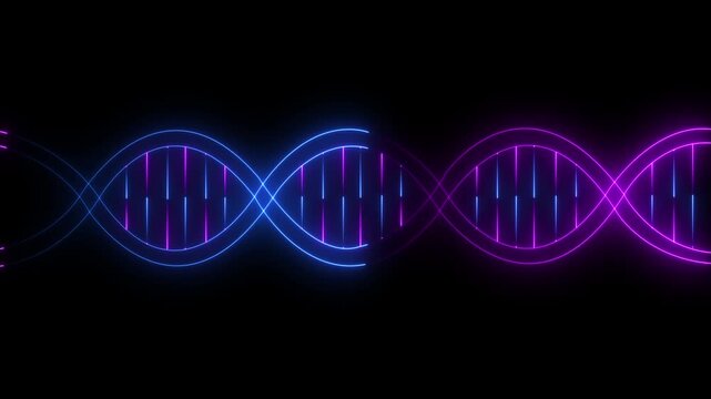 Glowing neon DNA icon animation on black background. DNA icon animation in trendy design for medical. DNA spiral icon and structure, hereditary gene, genetic mutation, healthy