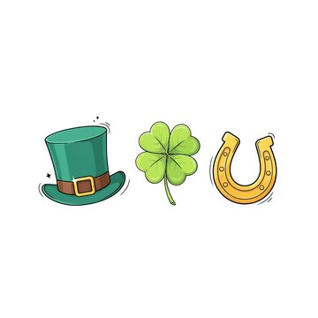 St patricks day symbols featuring leprechaun hat four leaf clover and horseshoe leprechaun horseshoe shamrock