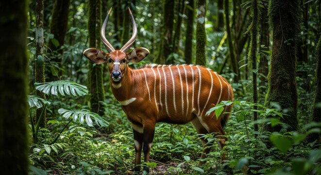 Bongo antelope standing in dense tropical forest.