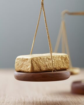 Gold bar balanced on scale representing wealth and value concepts