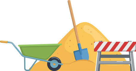 Construction site vector illustration with cartoon sand pile green wheelbarrow shovel and safety barricade © mdtaleb