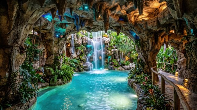 Spectacular luxury indoor pool lagoon grotto built inside an exotic green botanical garden cave sanctuary