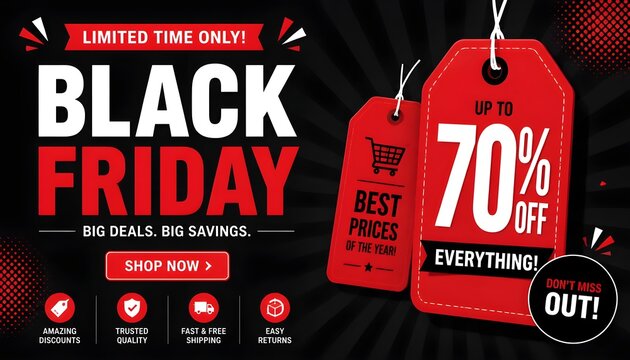 Black Friday sale promotional marketing banner / poster with red tags flat vector illustration.