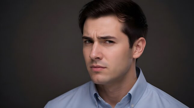 Portrait of a young man looking skeptical with a questioning expression.