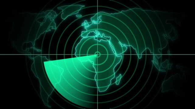 World map radar screen. Radar display showing enemy position. Navigation radar display. 4k animation video 
