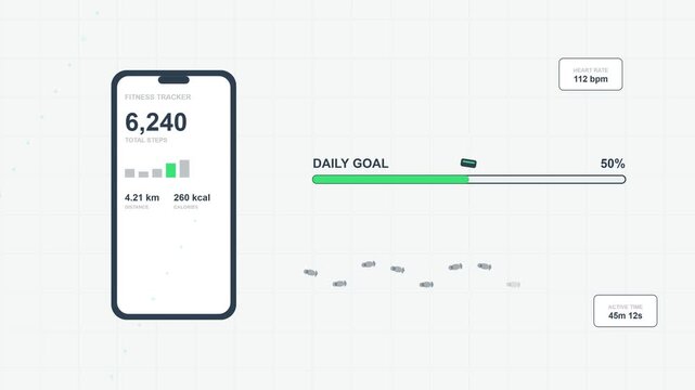 Digital step counter tracking walking distance on a dark background with glowing neon interface