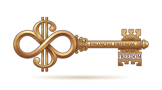 Golden financial freedom skeleton key with infinity dollar symbol vector illustration