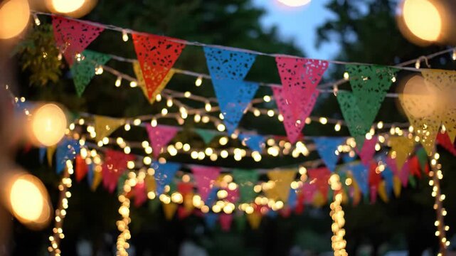 Colorful festive pennant banners and string lights create a magical outdoor ambiance.