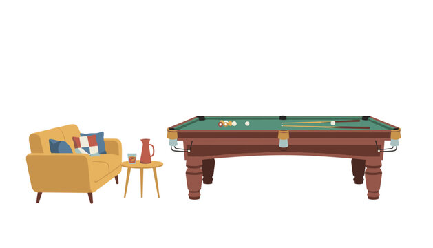 Luxury game room interior featuring a professional billiard pool table, cozy yellow sofa, and a drink table.