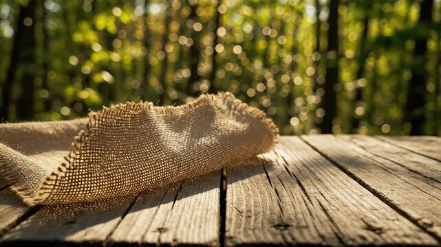 Burlap cloth moves on rustic wooden table with bokeh forest background slow motion.