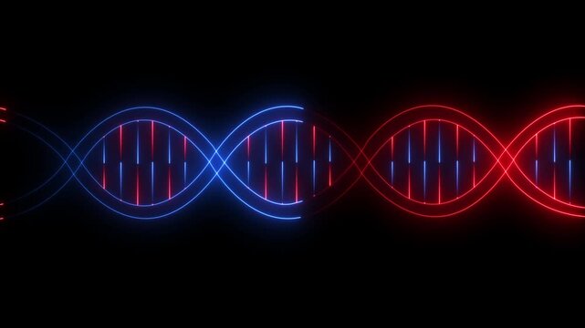 Glowing neon DNA icon animation on black background. DNA icon animation in trendy design for medical. DNA spiral icon and structure, hereditary gene, genetic mutation, healthy