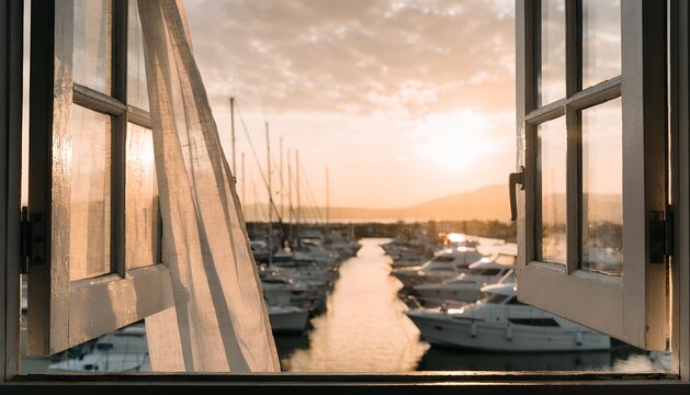 Open White Window Framing A Blurred Marina Harbor View With Rows Of Docked Yachts And Sailboats At A Warm Golden Hour Sunset, Scenic Coastal Travel And Boat Transportation Concept