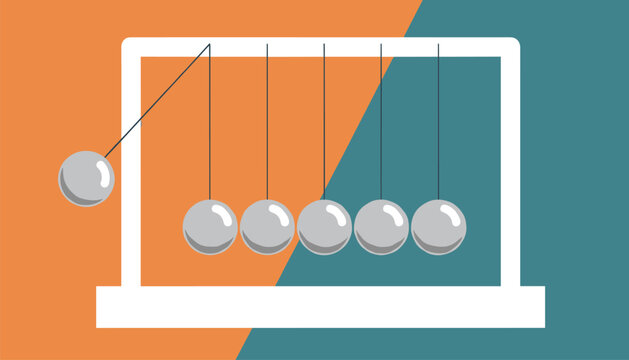Flat vector illustration of a classic Newtons cradle with metallic balls showing physics momentum and collision.