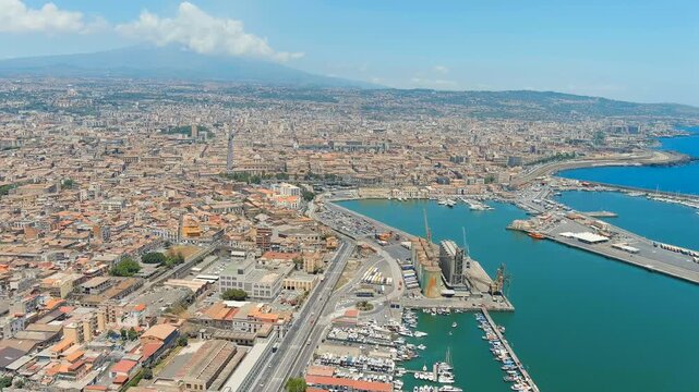 Catania, Sicily, Italy. The territory of the industrial zone and the port of Catania. Drone footage