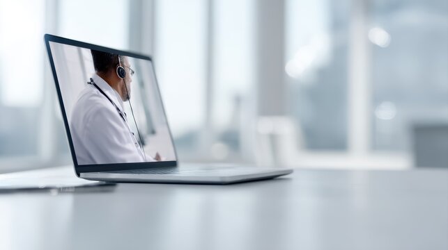 male doctor wearing white coat and headset talking to patient on video call using laptop in bright hospital office, modern telehealth technology, professional medical environment, realistic photo