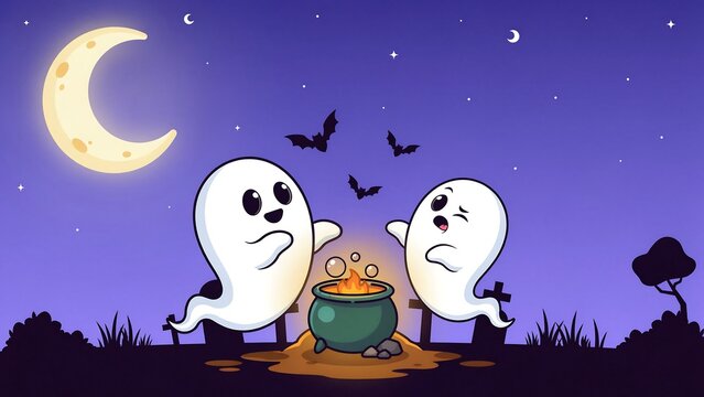Cute ghosts floating around boiling cauldron at night for halloween with halloween cauldron cemetery witchcraft