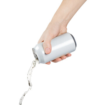 Hand pouring clear drink from white can, isolated on transparent cutout background
