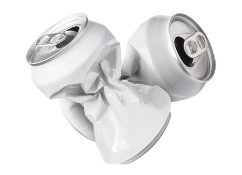 Crushed white aluminum soda cans, isolated on transparent cutout background