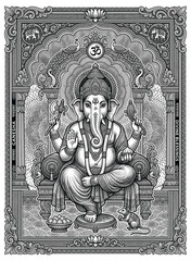 Fototapeta premium Ganesha on Throne: An intricate, ornate monochrome illustration depicts Lord Ganesha, the Hindu deity of wisdom and remover of obstacles, seated majestically on a decorative throne.