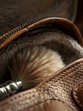 Close-up of a shaving brush inside a brown leather toiletry bag, showcasing grooming and travel essentials.