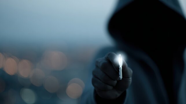 hooded figure holding glowing encryption key symbol against blurred city background