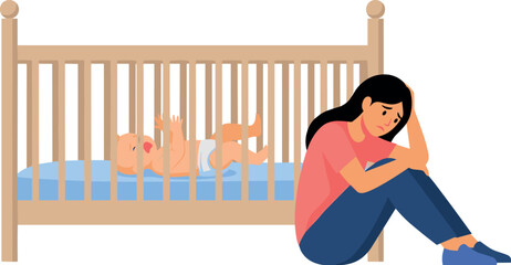 Tired mother sitting by crying baby in wooden crib vector illustration with cartoon postpartum depression concept