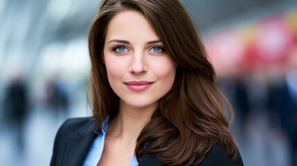 Obraz premium Confident businesswoman with long brown hair and striking blue eyes, posing against a blurred urban background in a professional setting