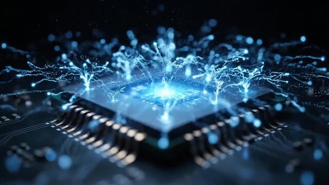 Microchip emits glowing blue electrical pulses across a complex dark circuit board background.