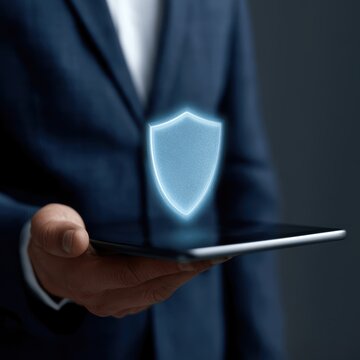 security shield hologram on tablet, business cybersecurity protection