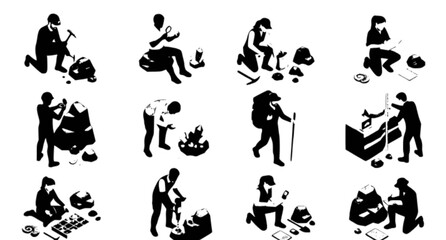 Naklejka premium Set of diverse people sitting and standing in casual poses with laptops and mobile devices Vector