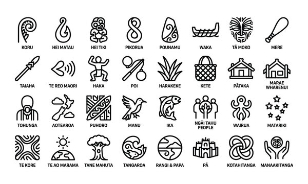 Māori cultural symbols line icons set, featuring traditional New Zealand elements like koru, haka, hei tiki, and aotearoa heritage