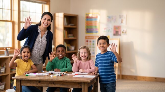 Smiling teacher and diverse group of young students waving in a bright classroom setting, ready for learning and fun activities.