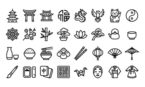Traditional Asian culture line icons set, featuring oriental symbols, Japanese torii, Chinese dragon, bonsai, lucky cat, sushi, and feng shui elements