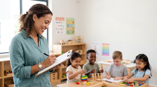 Smiling teacher observes and guides diverse young children engaged in learning activities in a bright preschool classroom.