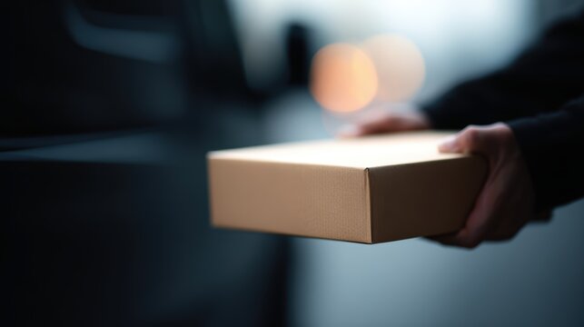 courier handing cardboard package from delivery van fast shipping service concept