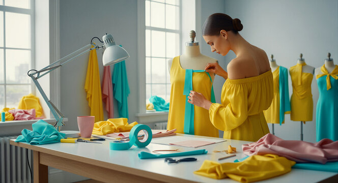 Female fashion designer draping fabric on a mannequin in a bright studio. Seamstress working on a yellow dress with tailoring tools. Creative garment design concept for fashion business marketing.