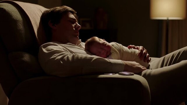 man and baby resting on a couch in a peaceful living room side view with beige and brown tones and fabric and wood materials, family life and parenting context.