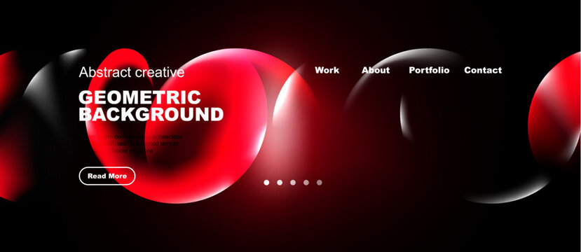 Red, black design. Abstract shapes, text overlay, navigation menu present. Modern aesthetic, simple layout.