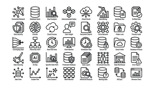 Black and white line icons of various data related concepts  data analysis and security
