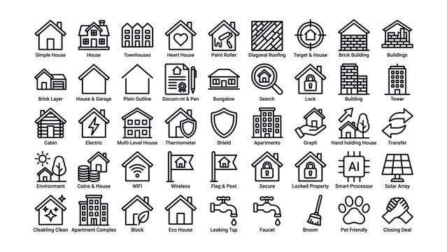 Black and white line icons of various house types and real estate concepts
