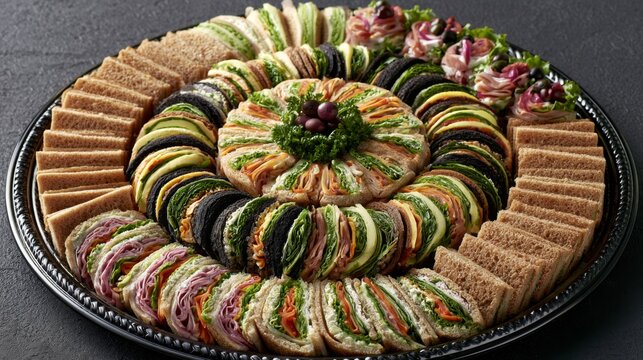 Exquisite Platter of Colorful Sandwiches and Fresh Vegetables Artfully Arranged on a Decorative Black Tray for a Buffet or Party Setting
