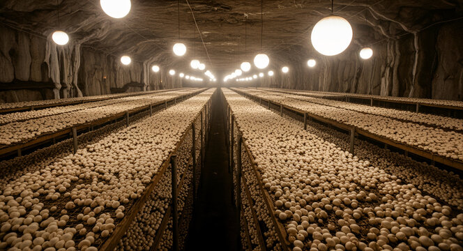 Industrial white mushroom cultivation in an underground farm facility. Symmetrical rows of fungi grow on shelves under artificial globe lights. Commercial food production and agriculture concept.